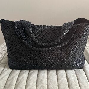 Falor Italian Made Elegant Black Woven Leather Tote Bag